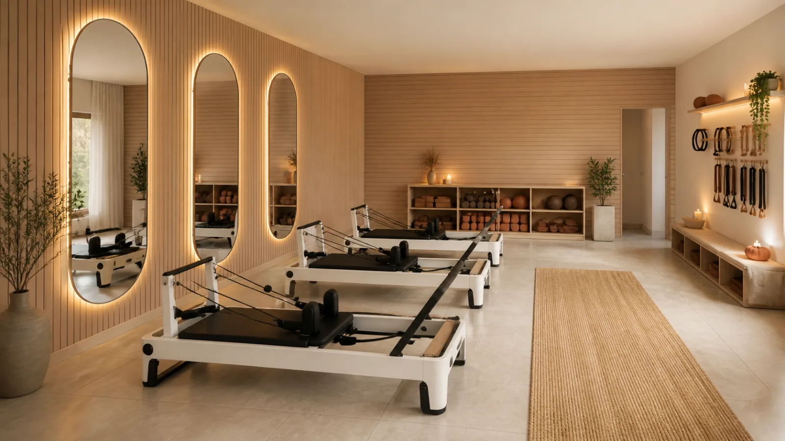 Világos, természetes tónusú Reformer Pilates stúdió